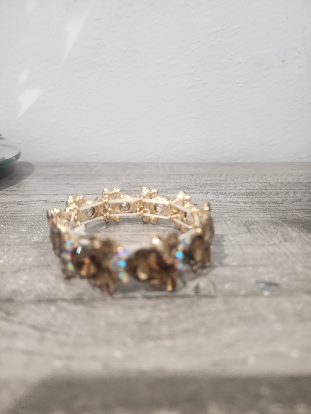 Gold Crystal Brown Flower Stretch Bracelet